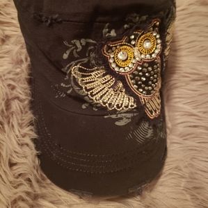 Distressed trucker hat with bling owl design